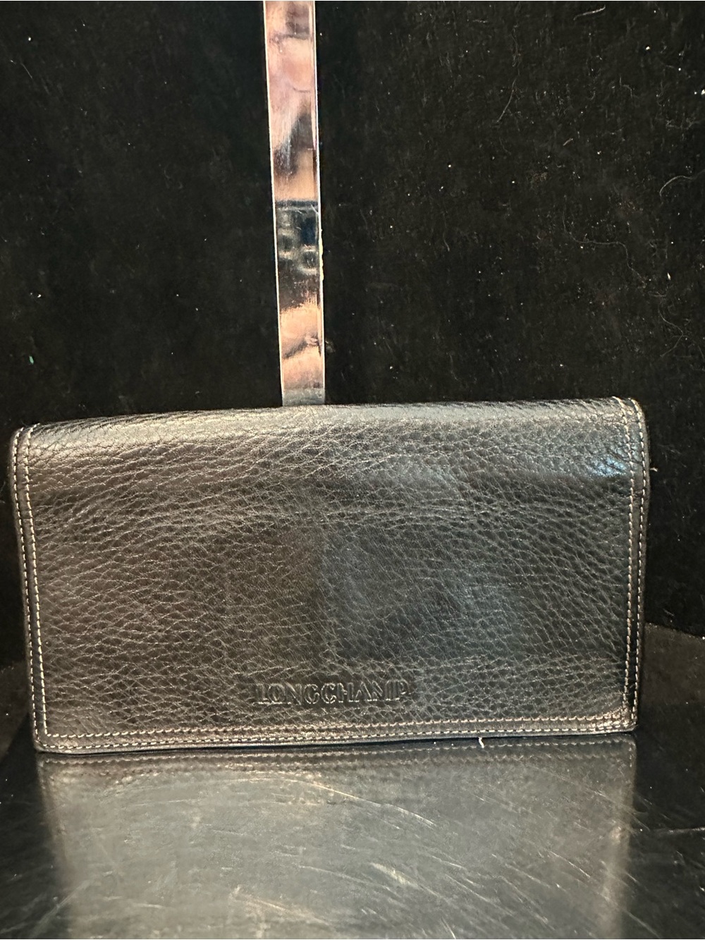 Longchamp #259 Black Textured Pebbled Leather Men's Continental Flap Wallet
